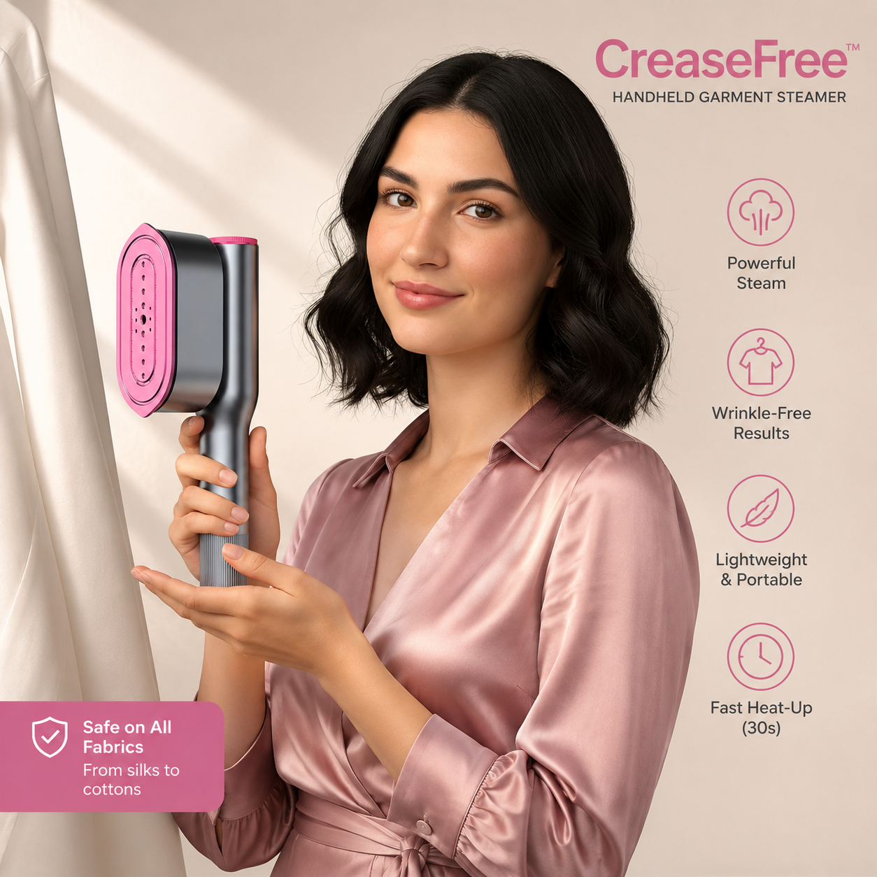 CreaseFree 2-in-1 steamer and iron held beside a silk blouse