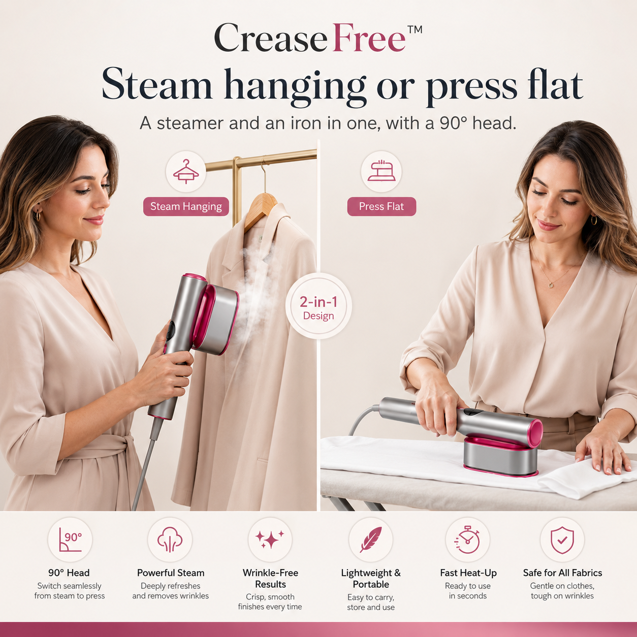 CreaseFree rotating head steaming vertically and pressing flat